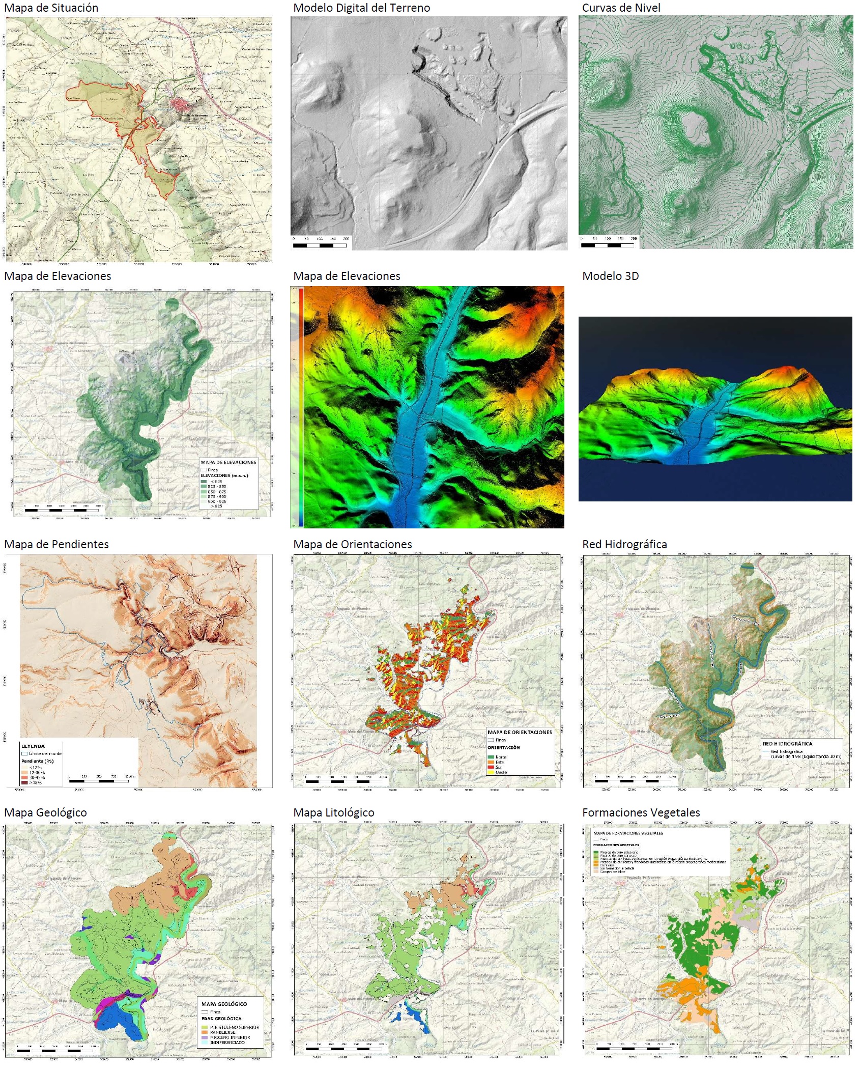 Cartografía Básica: Mapa de Situación, Modelo Digital del Terreno, Curvas de Nivel, Mapa de Elevaciones; Modelos 3D, Mapa de Pendientes, Mapa de Orientaciones, Mapa Geológica, Mapa Litológico, Mapa de Formaciones Vegetales
